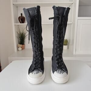 Y-3 Adidas Black White Canvas Leather Nizza Distressed Boot Sneakers M7 W8.5
